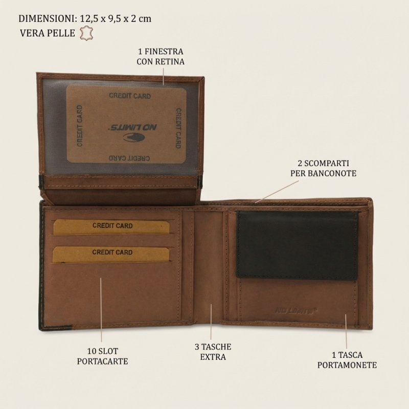 No Limits Cartera de Hombre En Piel Auténtica, Bifold Elegante, Diseño Fino Bicolor, con Caja — vista 7