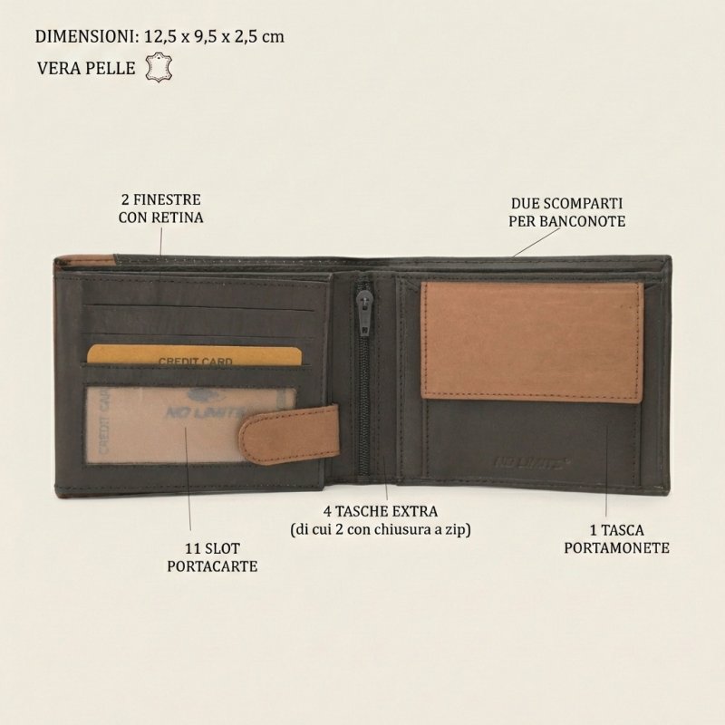 No Limits Men's Genuine Leather Wallet, Elegant, Slim Two-Tone Design, Double Window With Coin Pocket, With Box — view 16