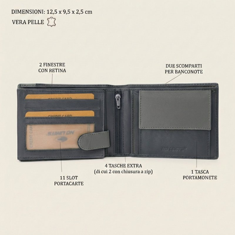 No Limits Cartera de Hombre En Piel Auténtica, Elegante, Diseño Fino Bicolor, DOBLE VENTANA Con Monedero, con Caja — vista 22