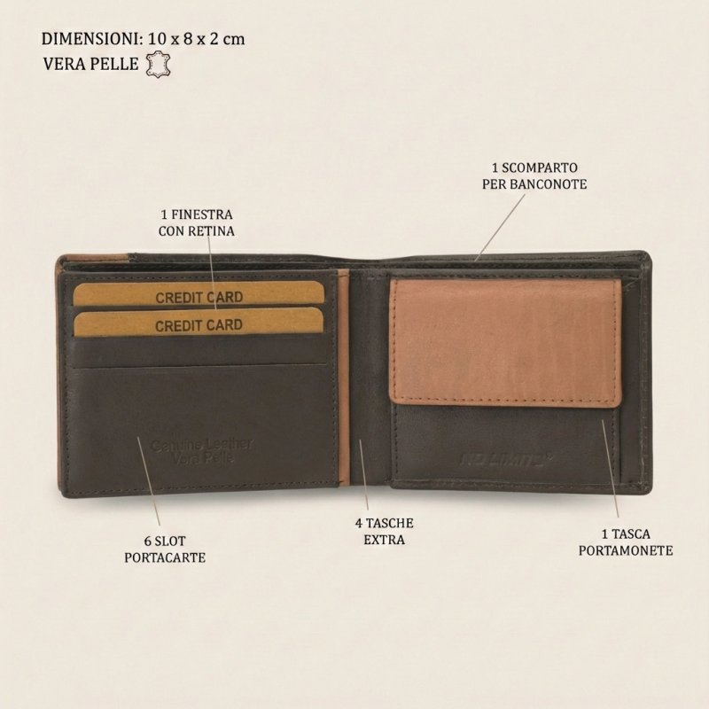 No Limits Men's Genuine Leather Wallet, Elegant Bifold, Slim Two-Tone Design, Ultraslim With Coin Pocket, With Box — view 13