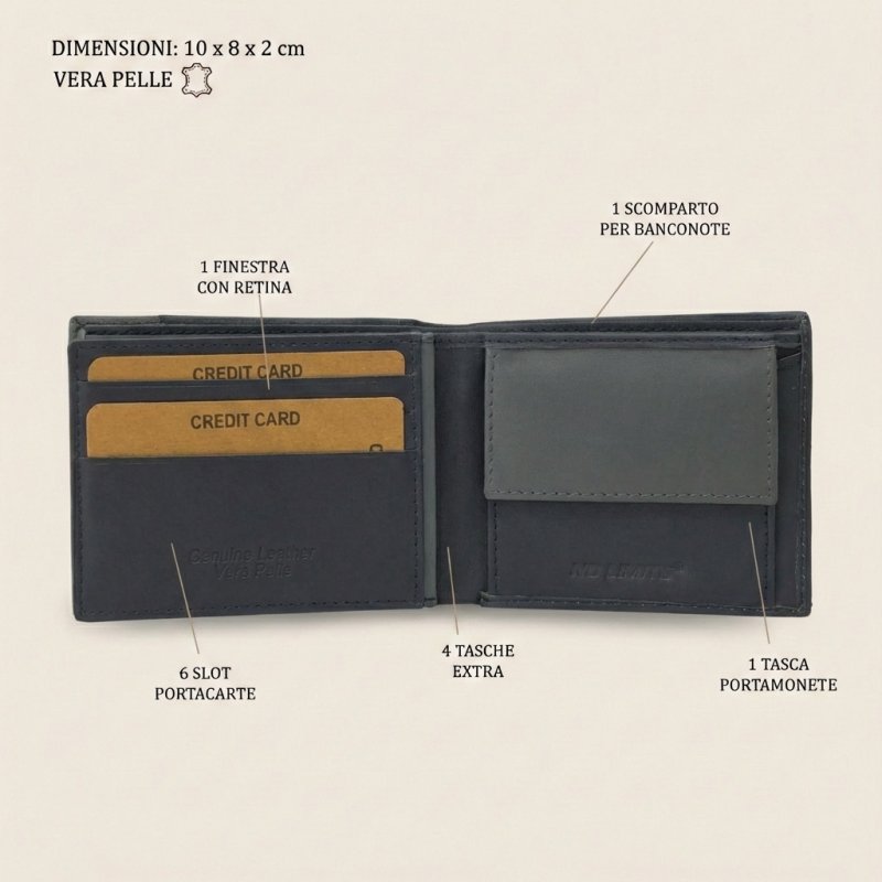No Limits Portafoglio Uomo In Vera Pelle, Bifold Elegante, Design Sottile Bicolore, ULTRASLIM Con Portamonete, Co… — vista 23