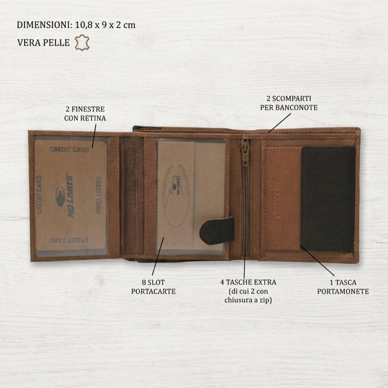 No Limits Men's Vertical Genuine Leather Wallet, Elegant Bifold, Slim Two-Tone Design, With Coin Pocket, With Box — inside