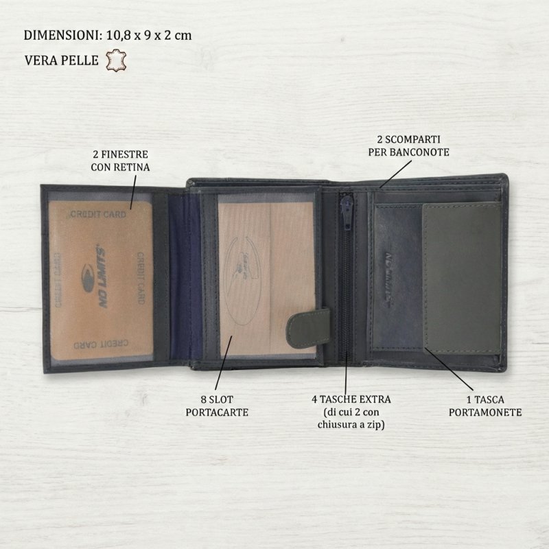 No Limits Cartera de Hombre Vertical En Piel Auténtica, Bifold Elegante, Diseño Fino Bicolor, Con Monedero, con C… — vista 10
