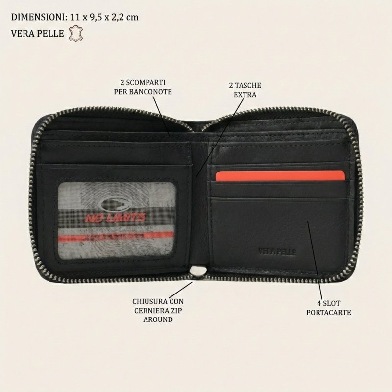 No Limits Men's Genuine Leather Wallet, Full Zip-Around Closure, Credit Card Holder, With Box — back view