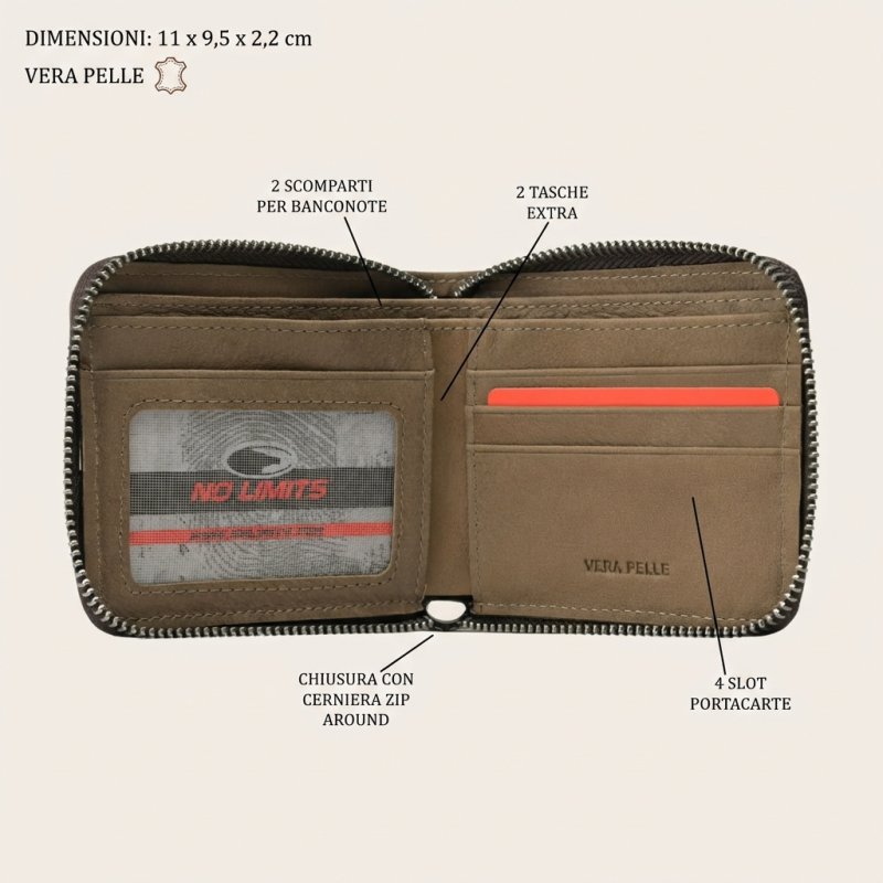 No Limits Cartera de Hombre En Piel Auténtica, Cierre Integral con Zip Around, Tarjetero de Crédito, con Caja — vista 9