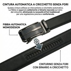 MOMO Design Cintura Uomo in Vera Pelle con Fibbia Automatica a Cricchetto, Senza Fori, 125 cm Alta 3,5 cm Con Scatola Regalo 2