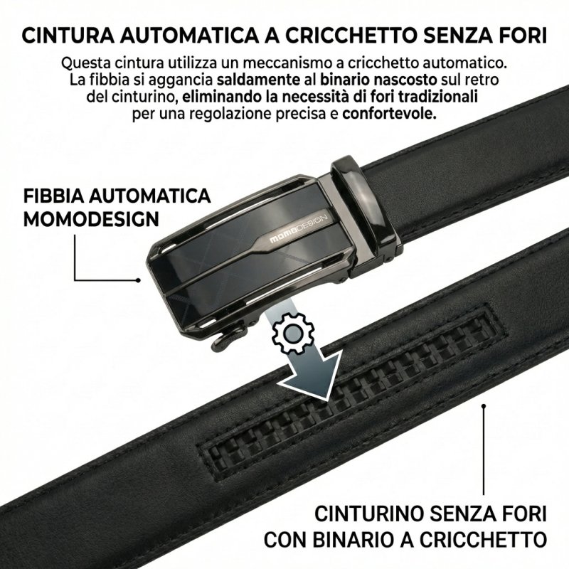 MOMO Design Men's Genuine Leather Belt, Automatic Ratchet Buckle, Holeless, 125 cm Height 3.5 cm, Gift Box — front view