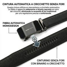 Ceinture Homme MOMO Design en Cuir Véritable avec Boucle Automatique à Cliquet, Sans Trous, 125 cm, Haute 3,5 cm, Coffret Ca… 2