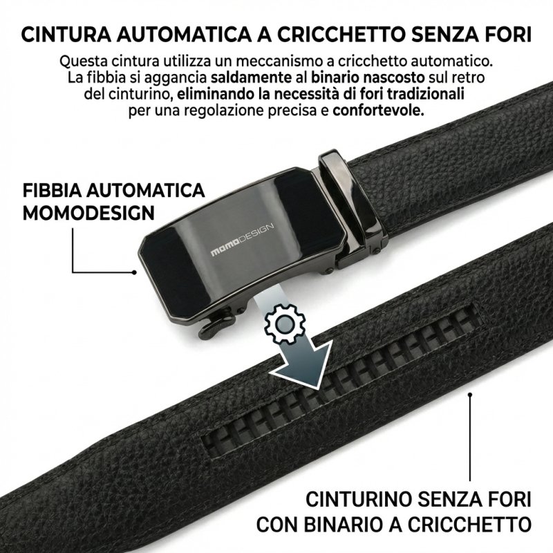 Cinturón de Hombre MOMO Design en Piel Auténtica con Hebilla Automática de Trinquete, Sin Agujeros, 125 cm, … — vista frontal