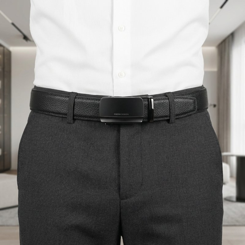 MOMO Design Herrengürtel aus echtem Leder mit Automatik-Ratschenschnalle, ohne Löcher, 125 cm, 3,5 cm hoch, mi… — Rückansicht