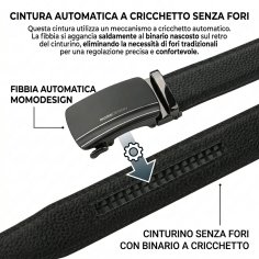 MOMO Design Cinturón de Hombre en Piel Auténtica, Hebilla Automática de Trinquete, Sin Agujeros, 125 cm, 3,5 cm, Caja de Reg… 2