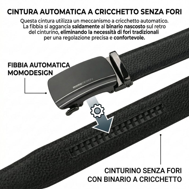 MOMO Design Ceinture Homme en Cuir Véritable, Boucle Automatique à Cliquet, Sans Trous, 125 cm, 3,5 cm de Haut… — vue de face