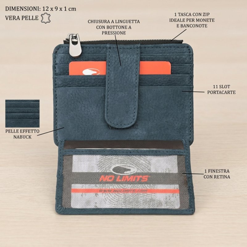 No Limits Men's Genuine Leather Credit Card Holder, Nubuck Effect, Slim Wallet, Zip Pocket, With Box — back view