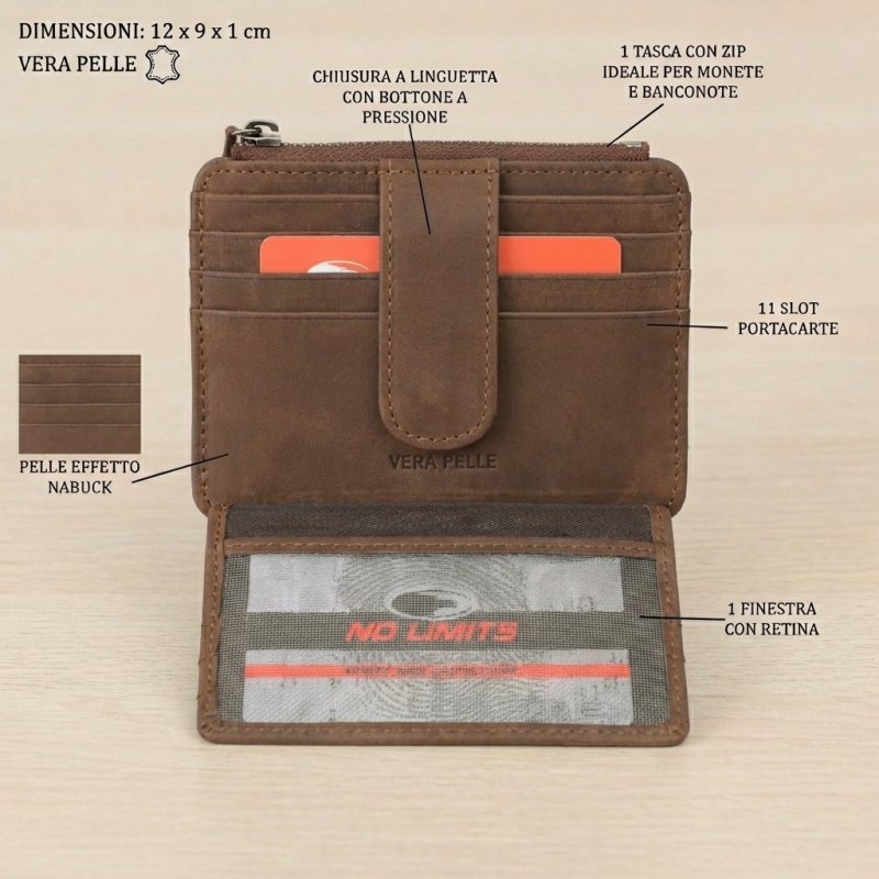 No Limits Men's Genuine Leather Credit Card Holder, Nubuck Effect, Slim Wallet, Zip Pocket, With Box — view 15