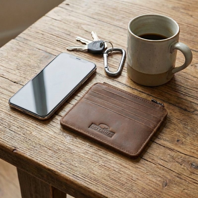 No Limits Men's Genuine Leather Credit Card Holder, Nubuck Effect, Slim Wallet, Zip Pocket, With Box — view 16
