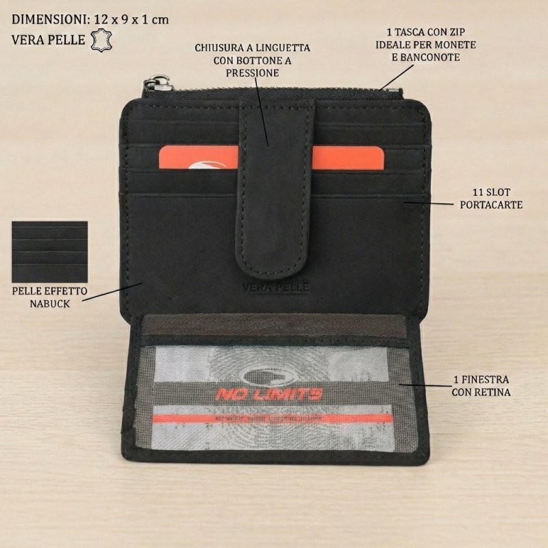 No Limits Men's Genuine Leather Credit Card Holder, Nubuck Effect, Slim Wallet, Zip Pocket, With Box — view 21