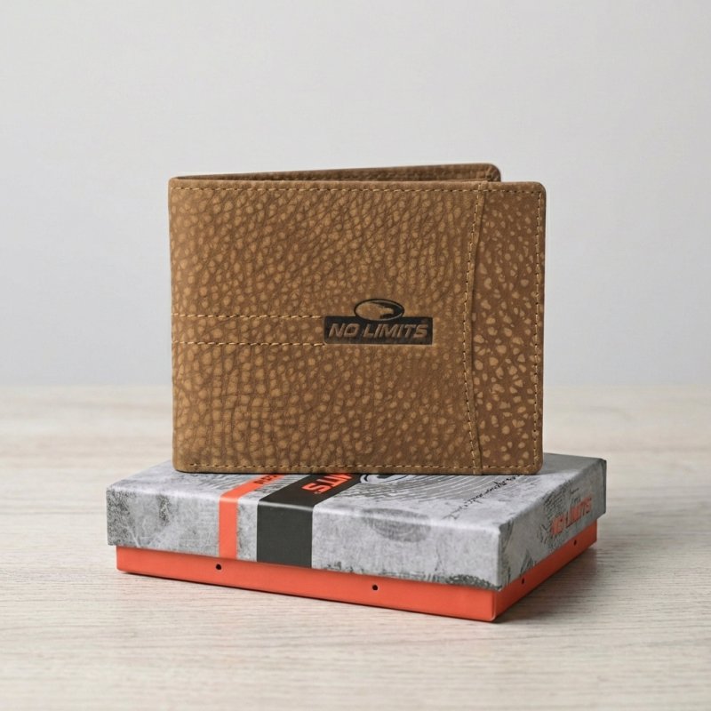 No Limits Men's Wallet in Genuine Leather, Elephant Effect, Credit Card Holder, No Coin Purse, With Box — logo detail