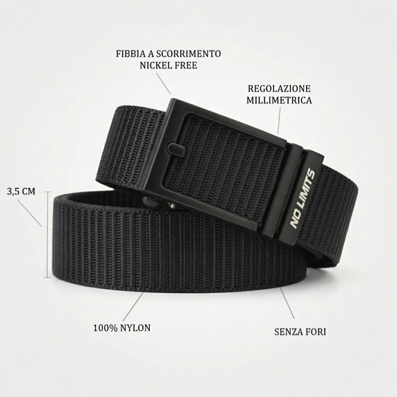 No Limits Men's Tactical Military Belt in Nylon, Slide Buckle, Millimetric Adjustment, 3.5 cm High, Holeless — front view