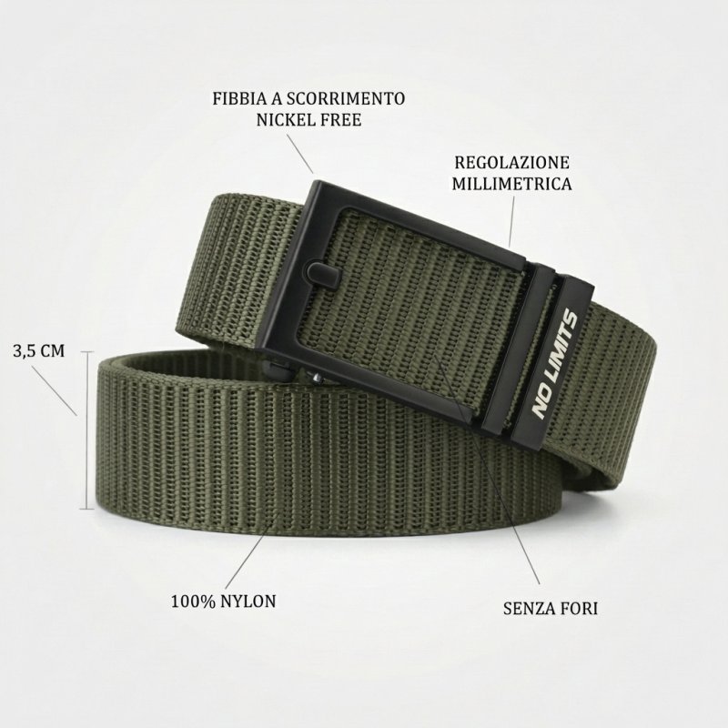No Limits Men's Tactical Military Belt in Nylon, Slide Buckle, Millimetric Adjustment, 3.5 cm High, Holeless — view 7