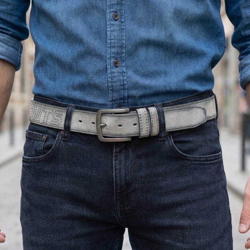 No Limits Men's Genuine Suede Leather Belt with Studded Logo, 3.5cm High, Nickel-Free Buckle, With Box — back view
