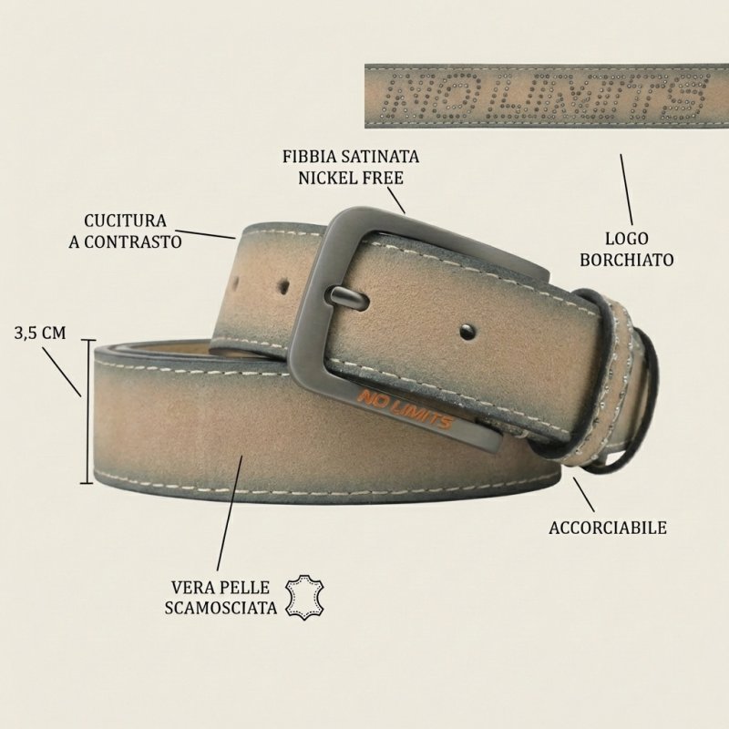 No Limits Ceinture Homme en Cuir Daim Véritable, Logo Clouté, Hauteur 3,5 cm, Boucle Sans Nickel, Raccourcissable, A… — vue 9