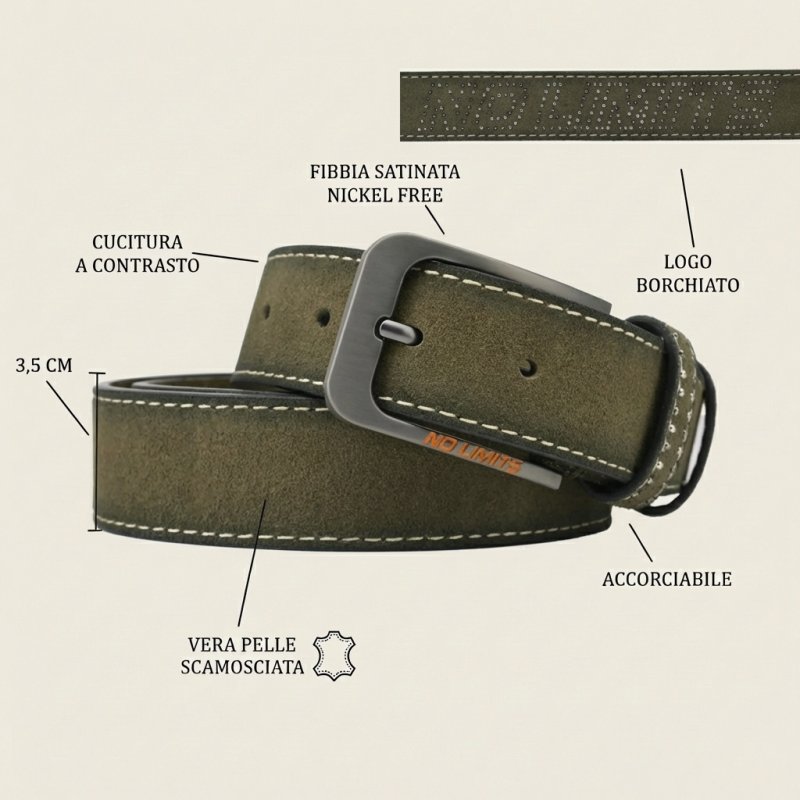 No Limits Men's Genuine Suede Leather Belt with Studded Logo, 3.5cm High, Nickel-Free Buckle, With Box — view 16