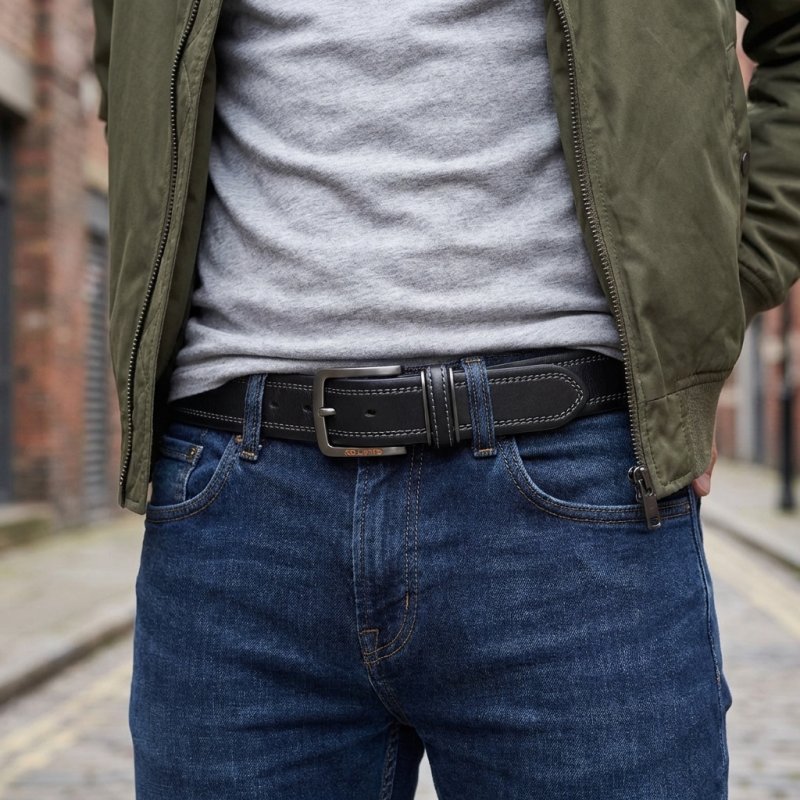 No Limits Herrengürtel aus echtem Leder mit Kontrast-Doppelnaht, Höhe 3,5 cm, nickelfreie Schnalle, kürzbar, m… — Rückansicht