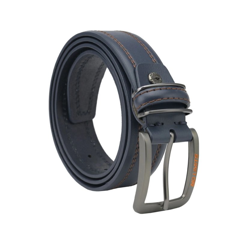 No Limits Men's Genuine Leather Belt with Contrast Double Stitching, 3.5cm High, Nickel-Free Buckle, With Box — logo detail