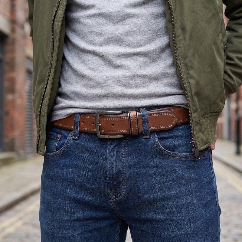 No Limits Men's Genuine Leather Belt with Contrast Double Stitching, 3.5cm High, Nickel-Free Buckle, With Box — view 13