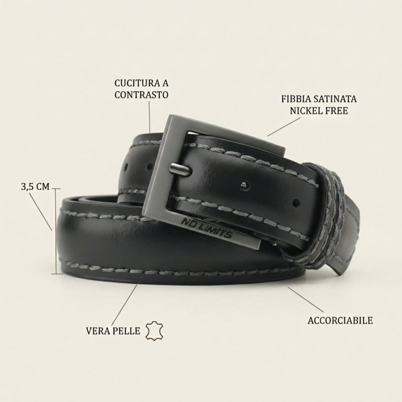No Limits Men's Genuine Leather Belt with Contrast Stitching, 3.5cm High, Nickel-Free Buckle, With Box — view 7