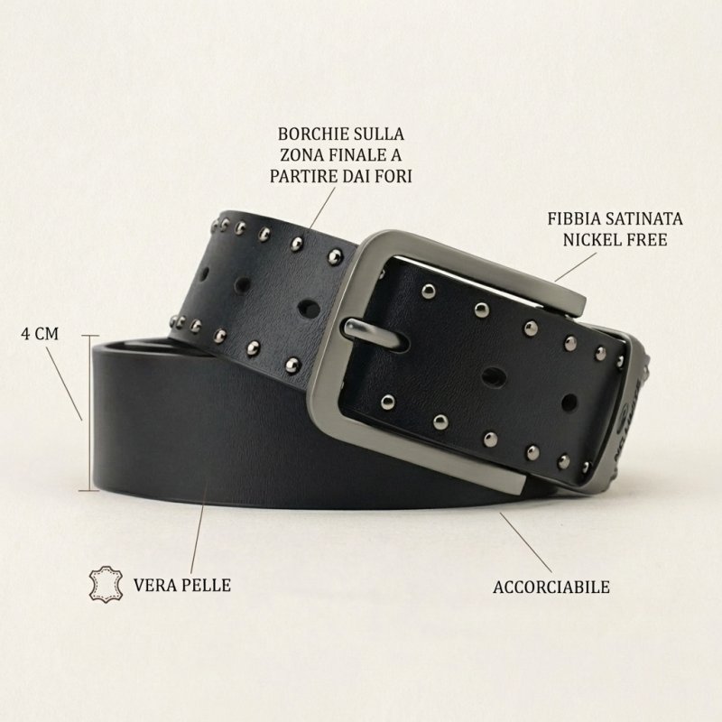 No Limits Ceinture Homme en Cuir Véritable à Clous, Hauteur 4 cm, Boucle Sans Nickel, Raccourcissable, Avec Bo… — vue de face