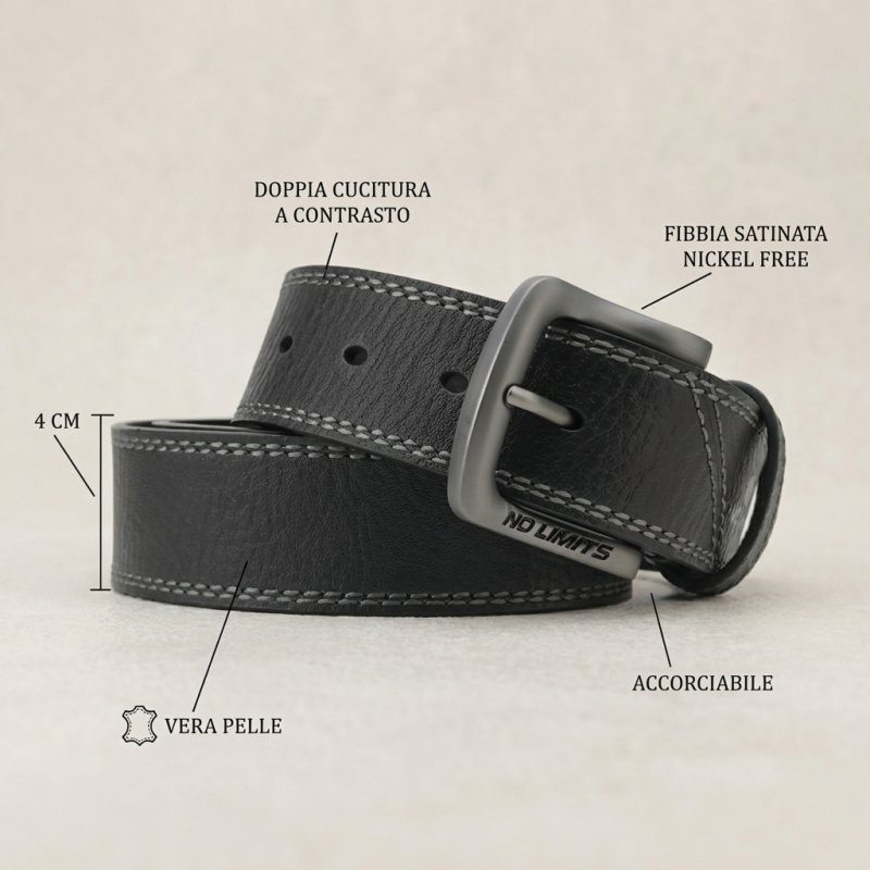 No Limtis Cintura Uomo in Vera Pelle con Doppia Cucitura, Alta 4 cm, Fibbia Nickel Free, Accorciabile, Con Scatola — vista 20
