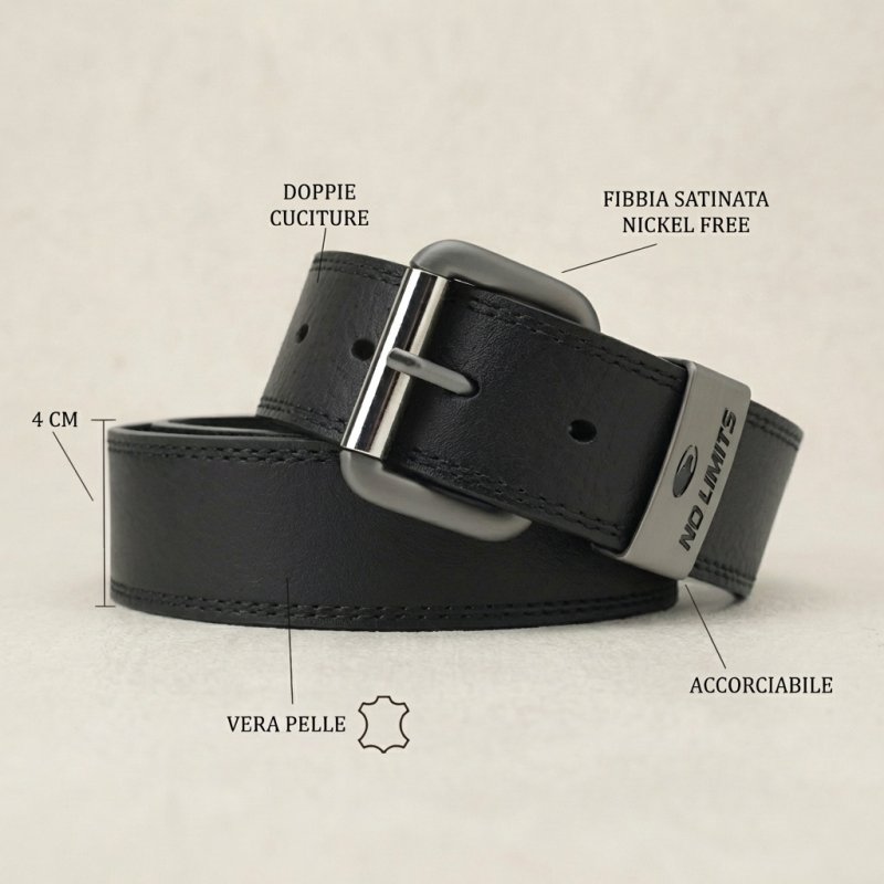 No Limits Men's Genuine Leather Belt with Double Stitching, 4cm High, Nickel-Free Buckle, Shortenable, With Box — front view