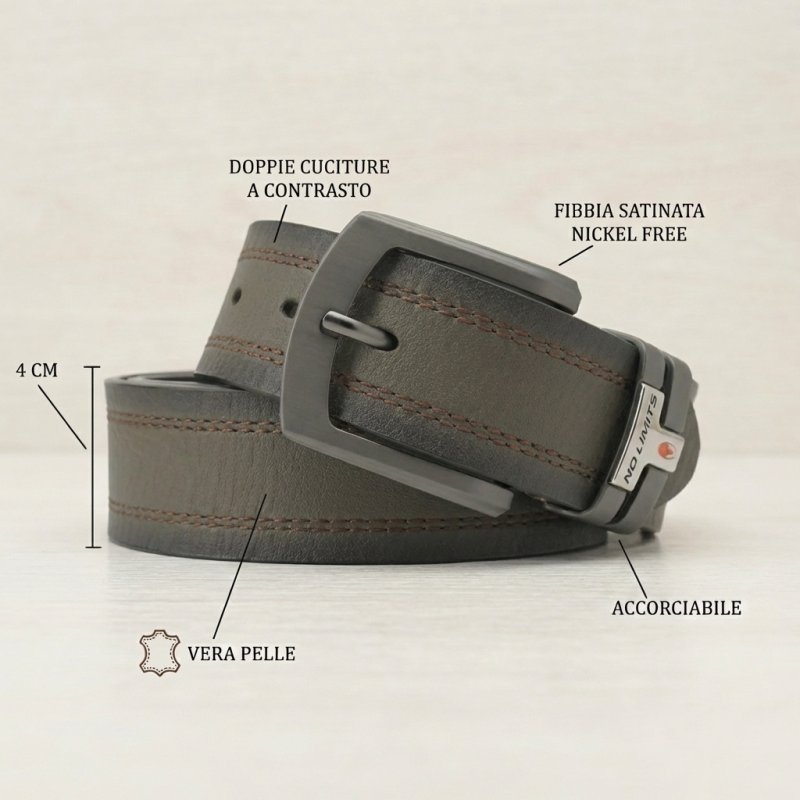 No Limits Ceinture Homme en Cuir Véritable à Double Couture, Hauteur 4 cm, Boucle Sans Nickel, Raccourcissable, Ave… — vue 12