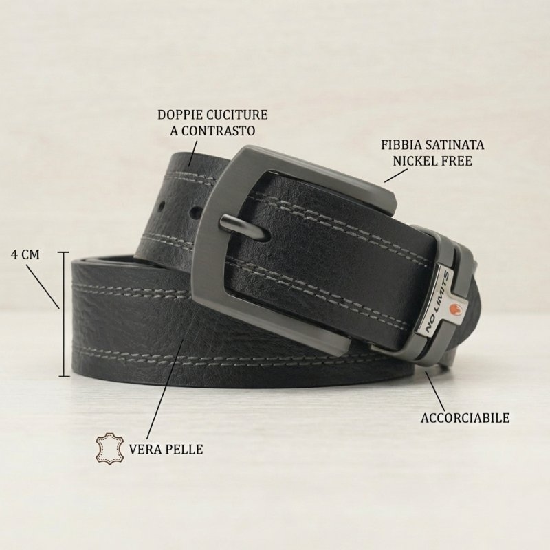 No Limits Ceinture Homme en Cuir Véritable à Double Couture, Hauteur 4 cm, Boucle Sans Nickel, Raccourcissable, Ave… — vue 17