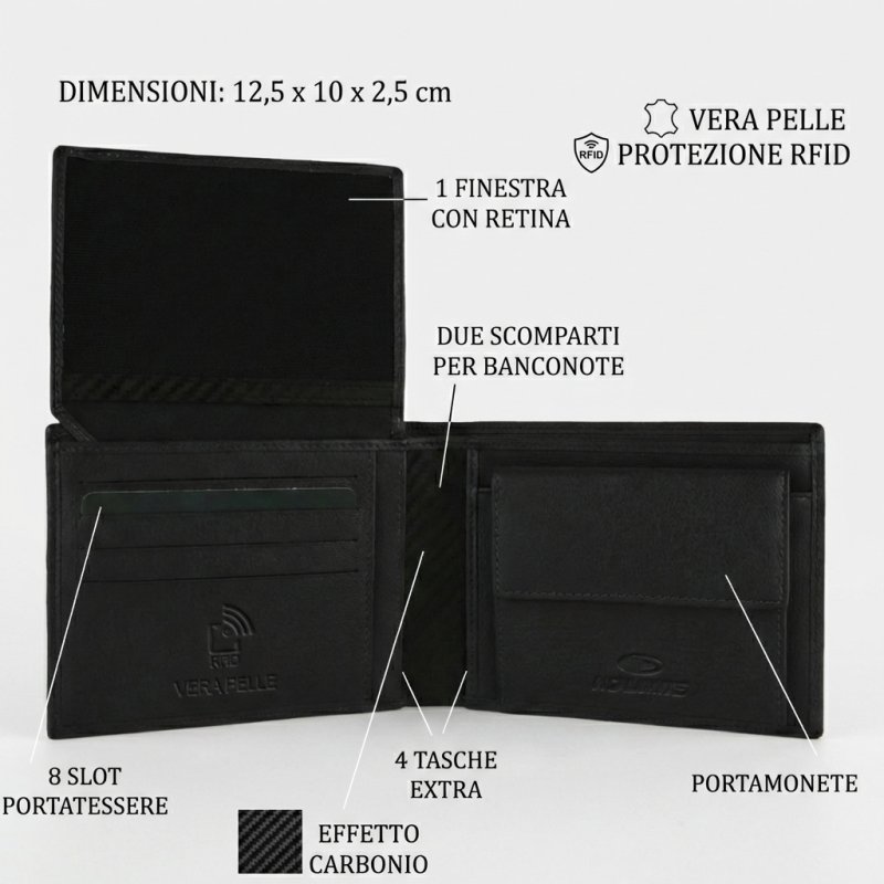 No Limits Cartera Hombre en Piel Auténtica, Detalles Efecto Carbono, PROTECCIÓN RFID, Elegante con Caja — vista trasera