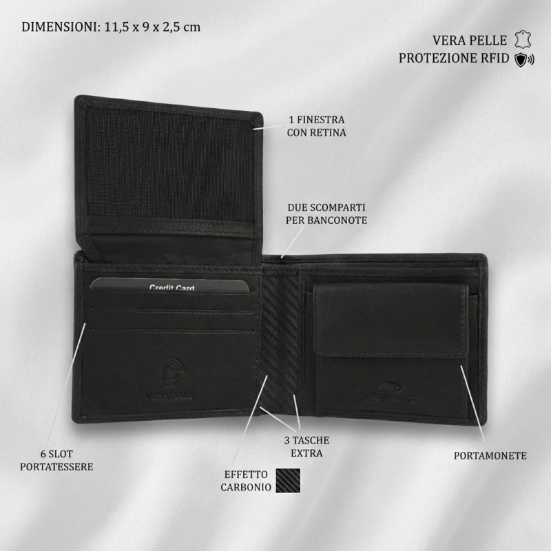 No Limits Cartera Hombre en Piel Auténtica, Detalles Efecto Carbono, PROTECCIÓN RFID, Elegante con Caja — vista 16