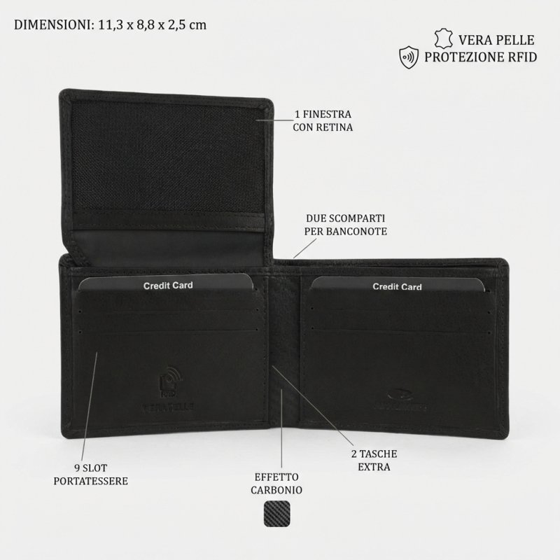No Limits Portafoglio Uomo in Vera Pelle SLIM SENZA PORTAMONETE, Inserti Effetto Carbon, PROTEZIONE RFID, Elegante… — vista 8