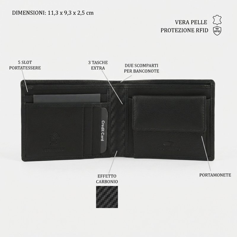 No Limits Portafoglio Uomo in Vera Pelle SLIM SENZA FINESTRA, Inserti Effetto Carbon, PROTEZIONE RFID, Elegante Co… — vista 8