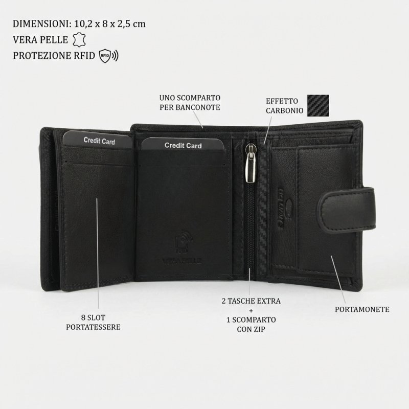 No Limits Cartera Hombre en Piel Auténtica, Cierre de Botón, con Protección RFID, Portamonedas, con Caja — vista frontal