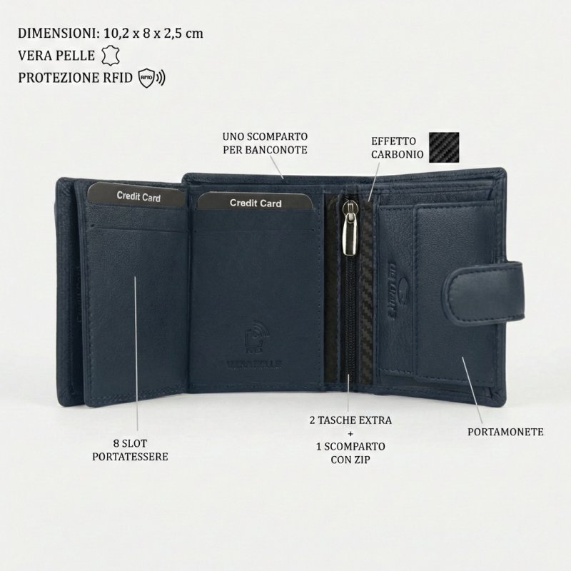 No Limits Cartera Hombre en Piel Auténtica, Cierre de Botón, con Protección RFID, Portamonedas, con Caja — vista 12