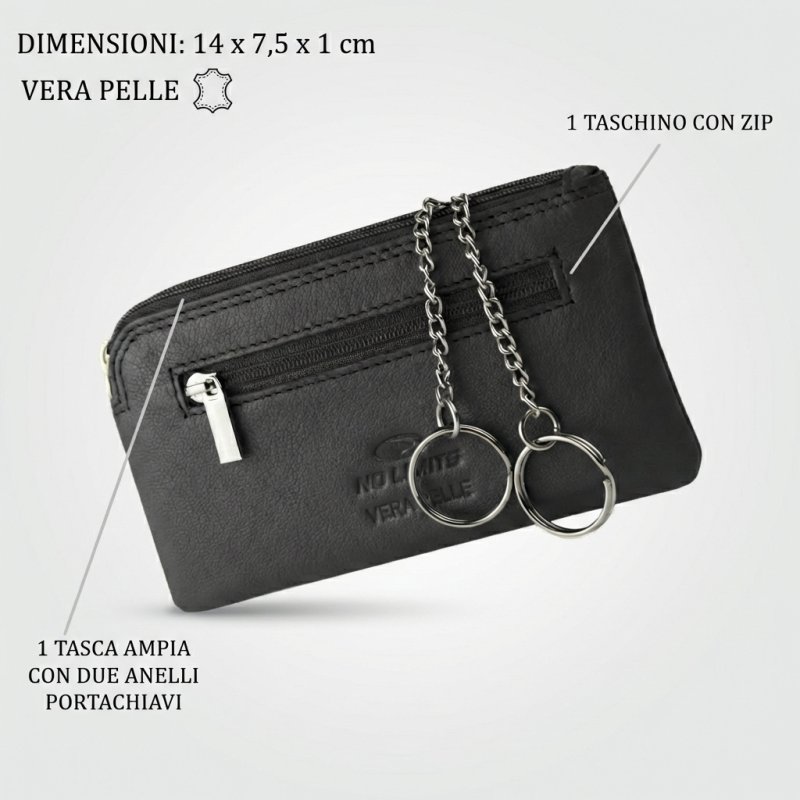 No Limits Pouch Keyring, For Men and Women, In Genuine Leather, 2 Zip Pockets and 2 Rings, With Box — back view