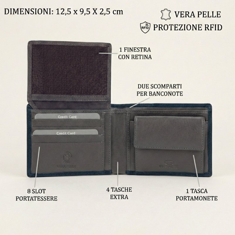 No Limits Men's Wallet in Genuine Leather, RFID Protection, Credit Card Holder, Coin Purse, Elegant With Box — back view