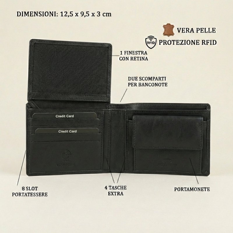 No Limits Cartera Hombre en Piel Auténtica, PROTECCIÓN RFID, con Portamonedas, Elegante y Casual, con Caja — vista trasera