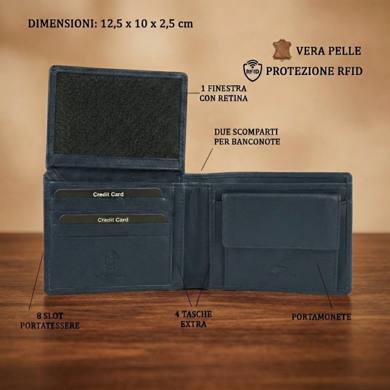 No Limits Men's Wallet in Genuine Leather, RFID Protection, With Coin Pocket, Elegant Perforated Design, With Box — back view