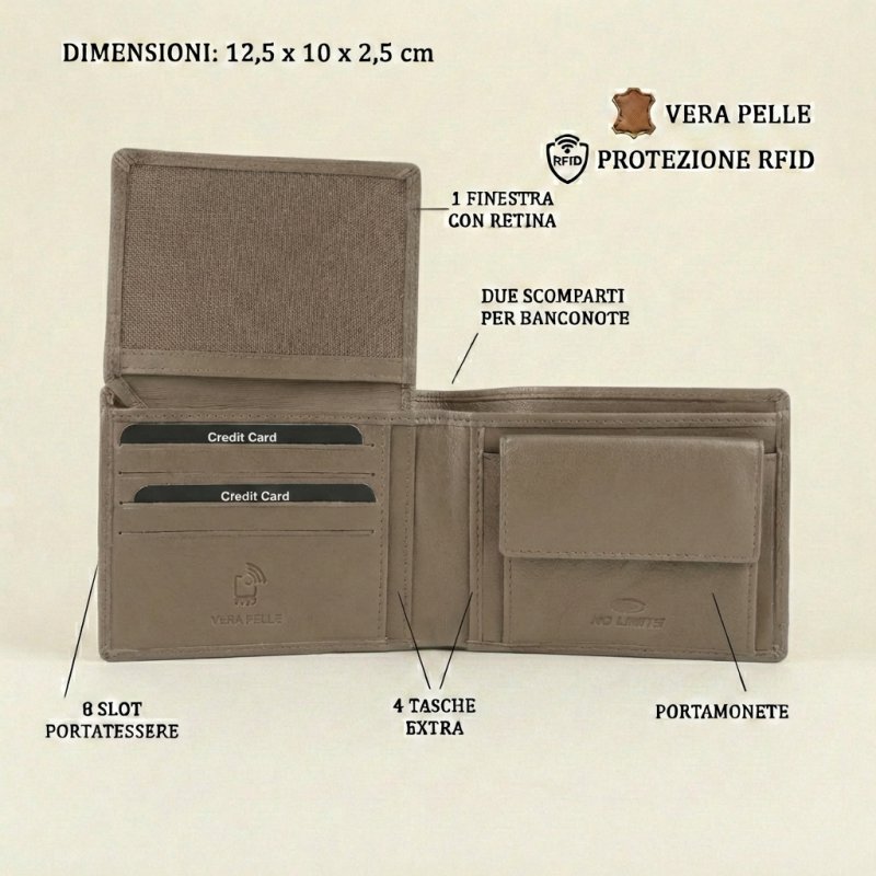 No Limits Cartera Hombre en Piel Auténtica, PROTECCIÓN RFID, con Portamonedas, Elegante y Casual, con Caja — vista trasera