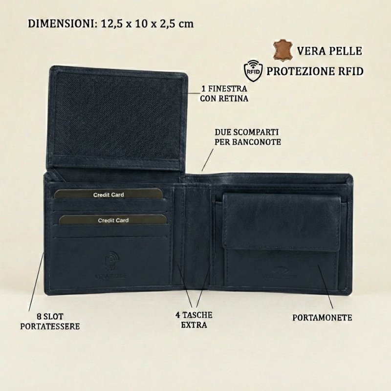 No Limits Men's Wallet in Genuine Leather, RFID Protection, With Coin Pocket, Elegant and Casual, With Box — view 7