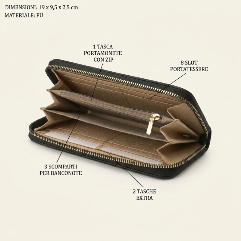 Laura Biagiotti Portefeuille Femme en PU, avec Porte-Monnaie et Fermeture Zippée Intégrale, Texture Craquelée,… — vue arrière