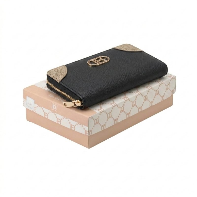 Laura Biagiotti Portefeuille Femme en PU, Design avec Logo Doré, avec Porte-Monnaie et Boîte Cadeau — détail logo