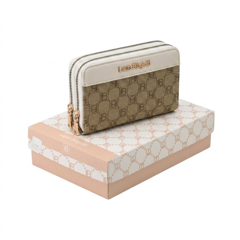 Laura Biagiotti Damen-Geldbörse Groß aus PU und Logo-Stoff, mit Münzfach und Geschenkbox — Logo-Detail